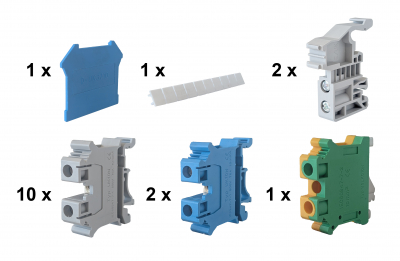 10 x 4mm Grey, 2 x 4mm Blue, 1 x 4mm Earth DIN Rail Terminal Kit