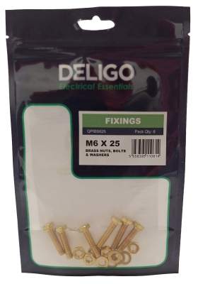 Brass Nuts, Bolts and Washers 6 x 25mm (Pack of 6)