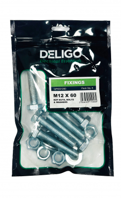 BZP Nuts, Bolts and Washers 12 x 60mm (Pack of 6)