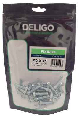 BZP Nuts, Bolts and Washers 6 x 25mm (Pack of 30)