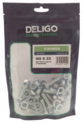 BZP Nuts, Bolts and Washers 8 x 25mm (Pack of 24)